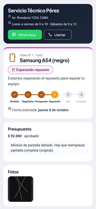 Seguimiento online de la reparación en el celular del cliente